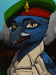 Size: 3120x4200 | Tagged: safe, artist:neither, derpibooru import, oc, oc only, oc:charles-daniel de mareon, griffon, equestria at war mod, beak, beret, bust, clothes, facial hair, hat, moustache, open beak, open mouth, portrait, solo