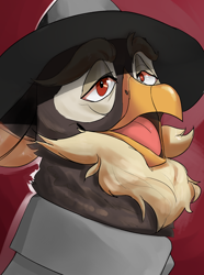 Size: 1820x2450 | Tagged: safe, artist:egil, derpibooru import, oc, oc only, oc:vasile cel tradat, griffon, equestria at war mod, beak, beard, bust, clothes, facial hair, hat, open beak, open mouth, portrait, solo