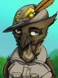 Size: 3120x4200 | Tagged: safe, artist:neither, derpibooru import, oc, oc only, oc:gaolo caccia gominioni, griffon, equestria at war mod, bust, clothes, feather, griffonized, hat, military uniform, paolo caccia dominioni, pipe, portrait, smoke, solo, species swap, uniform