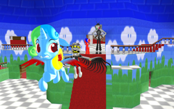 Size: 1920x1200 | Tagged: safe, artist:puzzlshield2, derpibooru import, oc, oc:kori johnson, oc:puzzle shield, alicorn, earth pony, pony, 3d, alicorn oc, chase, colored wings, crossover, flying, heartwarming, horn, mmd, mr. puzzles (smg4), murder drones, panic attack, render, smg4, story included, super mario 64, super mario bros., wings