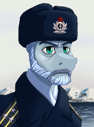 Size: 2000x2692 | Tagged: safe, artist:twotail813, derpibooru import, oc, oc only, oc:grey gorshkov, earth pony, pony, equestria at war mod, admiral, beard, bust, clothes, facial hair, hat, military uniform, moustache, ocean, portrait, solo, uniform, water