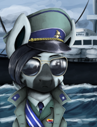 Size: 2152x2800 | Tagged: safe, artist:ryanmandraws, derpibooru import, oc, oc only, oc:ceyda vatosoa, zebra, equestria at war mod, boat, bust, cap, clothes, hat, military uniform, necktie, ocean, portrait, solo, sunglasses, uniform, water