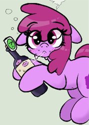 Size: 583x822 | Tagged: safe, artist:dowa, derpibooru import, berry punch, berryshine, earth pony, pony, g4, blushing, bottle, eye clipping through hair, eyebrows, eyebrows visible through hair, implied anon, kiss mark, lipstick, looking at you, solo, sweat
