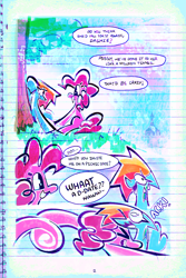 Size: 1500x2250 | Tagged: safe, artist:yl0w, derpibooru import, part of a series, part of a set, pinkie pie, rainbow dash, earth pony, pegasus, pony, comic:rainbow override, fanfic:rainbow factory, g4, 2 panel comic, :3, ><, blue coat, cartoon physics, cloud, colored, comic, curly hair, curly mane, curly tail, day, dialogue, duo, duo female, ears, eye clipping through hair, eyebrows, eyebrows visible through hair, eyelashes, eyes closed, fanfic art, female, floppy ears, glomp, grass, lidded eyes, lined paper, looking at each other, looking at someone, looking back, mare, multicolored hair, multicolored mane, nervous, nervous smile, one eye closed, open mouth, open smile, outdoors, pink coat, pink mane, pink tail, pinkie being pinkie, pinkie physics, ponyville town hall, rainbow hair, sitting, sky, smiling, smiling at each other, sparkly eyes, speech bubble, sweat, sweatdrop, tail, talking, text, tongue, tongue out, tree, wavy mouth, wingding eyes