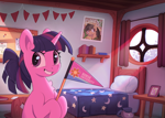Size: 5000x3556 | Tagged: safe, artist:nookprint, derpibooru import, daring do, spike, twilight sparkle, unicorn twilight, pony, unicorn, g4, adorkable, alternate hairstyle, bag, bed, bedroom, bookshelf, chest fluff, college, crepuscular rays, cute, desk, dork, dormitory, flag, grin, holding, hoof hold, horn, looking at you, poster, smiling, solo, twiabetes, window