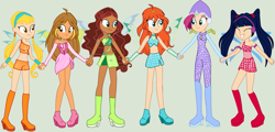 Size: 1845x885 | Tagged: safe, artist:bender1567, artist:machakar52, derpibooru import, equestria girls, g4, aisha, base used, bloom (winx club), blue wings, bodysuit, boots, clothes, crossover, dress, equestria girls style, equestria girls-ified, eyes closed, fairy, fairy wings, flora (winx club), green wings, headphones, high heel boots, high heels, holding hands, layla, magic winx, musa, pigtails, pink dress, red dress, shoes, smiling, stella (winx club), strapless, tecna, wings, winx club