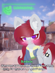 Size: 4096x5461 | Tagged: safe, artist:sodapop sprays, derpibooru import, oc, oc:municorn, oc:skyfire lumia, pegasus, pony, fallout equestria, another settlement needs our help i'll mark it on your map, blushing, chest fluff, clothes, ear fluff, ears, fallout, fallout 4, imminent death, imminent everything, jumpsuit, looking at you, meme, pipboy, quicksave, quicksaving, settlement, text, this will not end well, vault suit