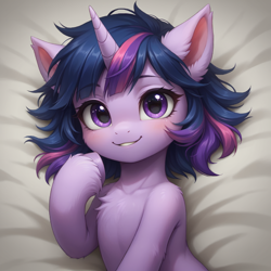 Size: 1328x1328 | Tagged: safe, ai content, derpibooru import, generator:stable diffusion, machine learning generated, twilight sparkle, unicorn twilight, pony, unicorn, g4, beautiful, bed, blushing, chest fluff, collarbone, cute, ear fluff, ear tufts, ears, ears up, eyebrows, eyebrows visible through hair, eyelashes, female, filly, filly twilight sparkle, fluffy, foal, generator:bluefox mix, horn, human shoulders, looking at you, lying down, messy mane, on back, pose, pretty, prompter:adorablebluefox, raised hoof, raised leg, short mane, smiling, smiling at you, solo, sternocleidomastoid, twiabetes, unshorn fetlocks, younger