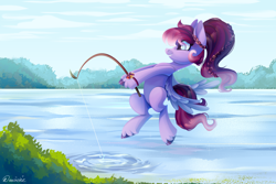 Size: 4500x3000 | Tagged: safe, artist:neonishe, derpibooru import, oc, oc only, pegasus, background, commission, complex background, fishing, fishing rod, lake, solo, water