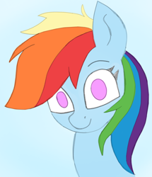 Size: 686x798 | Tagged: safe, artist:theonlyone, derpibooru import, rainbow dash, pegasus, pony, g4, female, looking at you, mare, multicolored hair, no pupils, rainbow hair, simple background, smiling, solo