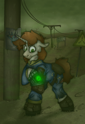 Size: 2000x2899 | Tagged: safe, artist:molars, derpibooru import, rainbow dash, oc, oc only, oc:littlepip, pony, unicorn, fallout equestria, armor, ashes town, boots, clothes, complex background, concerned, enclave, fallout equestria oc, female, freckles, glowing, glowing pipbuck, green glow, hoofprints, horn, injured, jumpsuit, leather, leather boots, mare, pip buck, poster, propaganda poster, rad-away, radiation, raised hoof, raised leg, scar, shoes, short mane, solo, telephone pole, telephone wire, vault 2, vault suit, warning sign, wasteland, worried