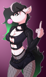 Size: 1792x2968 | Tagged: safe, artist:witchtaunter, derpibooru import, oc, oc only, oc:gumdrop, anthro, big breasts, breasts, bubblegum, chest fluff, cleavage, clothes, commission, ear fluff, ears, female, fishnet clothing, fishnet stockings, food, goth, gradient background, gum, middle finger, midriff, shorts, solo, stockings, sunglasses, thigh highs, vulgar