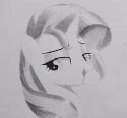 Size: 2288x2120 | Tagged: safe, artist:mizhisha, derpibooru import, sunset shimmer, pony, unicorn, g4, bust, female, grayscale, horn, looking back, mare, monochrome, open mouth, open smile, pencil drawing, smiling, solo, traditional art