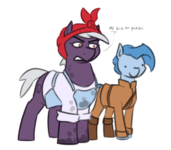 Size: 1688x1476 | Tagged: safe, artist:moonatik, derpibooru import, oc, oc only, earth pony, pony, belt, boots, clothes, colored sketch, female, headband, husband and wife, larger female, male, mare, married couple, military uniform, overalls, shirt, shoes, size difference, sketch, stallion, uniform