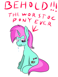 Size: 1200x1600 | Tagged: safe, artist:amateur-draw, oc, oc only, oc:belle boue, pony, unicorn, bad oc, crappy art, crying, depressed, downvote bait, horn, not salmon, op is a cuck, op is trying to start shit, shit oc, solo, trash, wat, wirst oc pony, worst pony