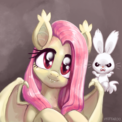 Size: 2048x2048 | Tagged: safe, artist:pfeffaroo, derpibooru import, angel bunny, fluttershy, bat pony, pony, rabbit, g4, animal, bat ears, bat ponified, bat wings, duo, duo male and female, ear tufts, fangs, female, flutterbat, high res, looking at you, male, mare, race swap, smiling, smiling at you, wings