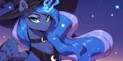 Size: 2400x1200 | Tagged: safe, ai content, derpibooru import, machine learning generated, princess luna, alicorn, bust, chest fluff, choker, hat, portrait, prompter:greesys, serious, solo, witch hat