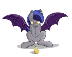 Size: 2500x2000 | Tagged: safe, artist:kenzie, derpibooru import, oc, oc only, oc:echo, bat pony, g4, bat wings, belly button, female, food, front view, fruit, hooves to the chest, looking at something, mango, mare, simple background, simple shading, solo, spread wings, white background, wings