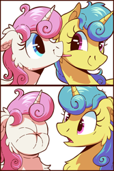 Size: 1000x1500 | Tagged: safe, artist:candy meow, derpibooru import, lemon hearts, twinkleshine, pony, unicorn, g4, 2 panel comic, cartoon physics, chest fluff, comic, cute, duo, ear fluff, ears, female, floppy ears, food, horn, lemon, lemon meme, looking at each other, looking at someone, mare, meme, name joke, puckered face, scrunchy face, shocked, simple background, smiling, sour, tongue, tongue out, white background
