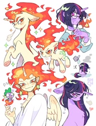 Size: 1536x2006 | Tagged: safe, artist:sharpycharot, derpibooru import, spike, twilight sparkle, twilight sparkle (alicorn), alicorn, anthro, dragon, pony, unicorn, alternate design, bucket, chest fluff, duo, female, horn, male, mane of fire, mare, rapidash twilight, self paradox, self ponidox, sweat, unshorn fetlocks, wet