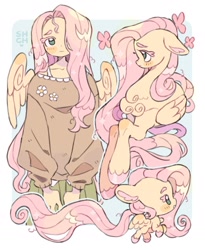 Size: 1473x1798 | Tagged: safe, artist:sharpycharot, derpibooru import, fluttershy, anthro, pegasus, pony, g4, chest fluff, clothes, female, lying down, mare, passepartout, prone, self paradox, self ponidox, solo, unshorn fetlocks