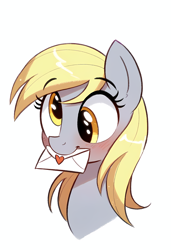 Size: 3328x4864 | Tagged: safe, ai content, derpibooru import, generator:novelai, generator:stable diffusion, machine learning generated, derpy hooves, pegasus, pony, g4, absurd resolution, blushing, bust, cute, derpabetes, eyebrows, eyebrows visible through hair, female, letter, love letter, mare, mouth hold, prompter needed, simple background, smiling, solo, white background