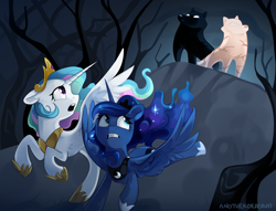 Size: 3924x3000 | Tagged: safe, artist:anotherdeadrat, derpibooru import, princess celestia, princess luna, alicorn, pony, wolf, g4, commission, commissioner:shaddar, crown, female, forest, hati, jewelry, mare, nature, norse mythology, regalia, running away, skoll, spread wings, tree, wings