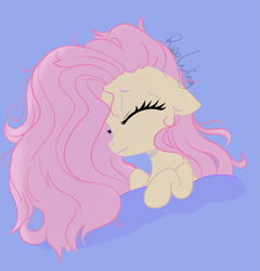 Size: 1363x1418 | Tagged: safe, artist:flutterbug18, derpibooru import, fluttershy, pegasus, pony, bed mane, blue background, cute, ears, eyes closed, floppy ears, shyabetes, signature, simple background, sleeping, smiling, solo, tucked in