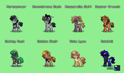 Size: 1140x675 | Tagged: safe, derpibooru import, oc, oc only, oc:copper wrench, oc:golden choir, oc:horsepower, oc:monochrome bash, oc:mozzarella swirl, oc:rainfall, oc:safety vest, oc:viola lynn, earth pony, pegasus, pony, robot, robot pony, unicorn, amputee, bowtie, clothes, coat markings, female, glasses, goggles, green background, hard hat, hat, horn, jewelry, male, mare, necklace, one winged pegasus, pony town, prosthetic leg, prosthetic limb, prosthetics, safety vest, scarf, simple background, socks (coat marking), stallion