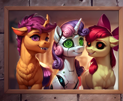 Size: 2512x2048 | Tagged: safe, ai content, derpibooru import, generator:pony diffusion v6 xl, generator:stable diffusion, machine learning generated, apple bloom, scootaloo, sweetie belle, sweetie bot, changeling, changepony, hybrid, pony, robot, robot pony, undead, unicorn, fanfic:undead robot bug crusaders, g4, alternate universe, black sclera, blanked apple bloom, bust, changelingified, cutie mark crusaders, fanfic art, fangs, female, horn, photo, portrait, prompter:star-dragon, red eyes, scootaling, species swap, trio