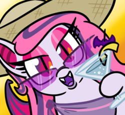 Size: 303x280 | Tagged: safe, artist:jargon scott, derpibooru import, oc, oc only, oc:arrhythmia, bat pony, pony, bat pony oc, bust, fangs, female, hat, hi anon, hoof hold, looking at you, mare, martini glass, meme, solo, straw hat