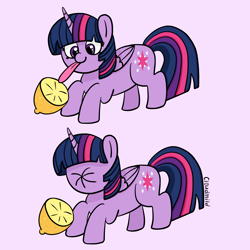 Size: 4000x4000 | Tagged: safe, artist:cloudmild, derpibooru import, twilight sparkle, twilight sparkle (alicorn), alicorn, pony, g4, 2 panel comic, cartoon physics, comic, cute, female, food, horn, lemon, lemon meme, licking, mare, meme, pink background, puckered face, scrunchy face, silly, silly pony, simple background, smiling, solo, sour, tongue, tongue out, twiabetes, wings