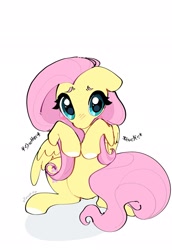 Size: 1413x2048 | Tagged: safe, artist:kawaiisoda_fiz, derpibooru import, fluttershy, pegasus, pony, g4, big eyes, blush lines, blush sticker, blushing, cute, ears, female, floppy ears, hooves to the chest, mare, shyabetes, simple background, sitting, solo, white background