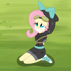 Size: 2000x2000 | Tagged: safe, artist:nie-martw-sie-o-mnie, derpibooru import, fluttershy, human, equestria girls, g4, magic duel, arm behind back, bondage, bound and gagged, cloth gag, clothes, converse, costume, cute, dangerous mission outfit, flutterspy, gag, goggles, goggles on head, hoodie, kneeling, looking at you, rope, rope bondage, shoes, shyabetes