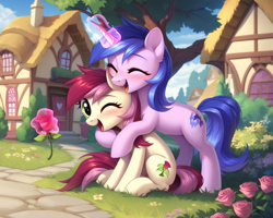 Size: 1280x1024 | Tagged: safe, ai content, derpibooru import, generator:pony diffusion v6 xl, generator:stable diffusion, machine learning generated, roseluck, sea swirl, seafoam, earth pony, pony, unicorn, g4, bipedal, bipedal leaning, blushing, cute, day, duo, duo female, eyes closed, female, flower, glowing, glowing horn, horn, house, hug, hug from behind, leaning, looking at you, magic, one eye closed, open mouth, ponyville, prompter:foxpony, sitting, telekinesis, wink, winking at you