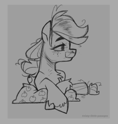 Size: 1024x1078 | Tagged: safe, artist:twistylittlepassages, derpibooru import, applejack, earth pony, pony, bed mane, chest fluff, gray background, grayscale, hatless, lidded eyes, missing accessory, monochrome, morning ponies, signature, simple background, smiling, solo, traditional art