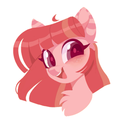 Size: 787x787 | Tagged: safe, artist:chl0w0, derpibooru import, oc, oc only, pony, bust, female, lineless, mare, open mouth, open smile, pink coat, portrait, red mane, simple background, smiling, solo, transparent background