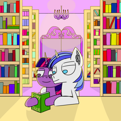 Size: 1500x1500 | Tagged: safe, artist:icycrymelon, derpibooru import, shining armor, twilight sparkle, pony, unicorn, g4, book, bookshelf, brother and sister, chandelier, duo, duo male and female, female, horn, library, male, reading, sibling love, siblings, smiling