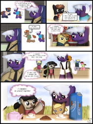 Size: 1750x2333 | Tagged: safe, artist:99999999000, derpibooru import, oc, oc only, oc:firearm king, oc:zhang cathy, pony, zebra, comic:affection, colt, comic, cookie, doll, female, filly, foal, food, male, tea, teapot, toy