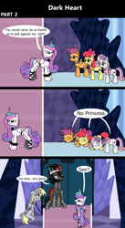 Size: 1920x3516 | Tagged: safe, artist:platinumdrop, derpibooru import, apple bloom, derpy hooves, king sombra, princess flurry heart, scootaloo, sweetie belle, alicorn, earth pony, pegasus, pony, unicorn, comic:dark heart, g4, 3 panel comic, abuse, alternate timeline, applebuse, armor, avoiding eye contact, bound wings, bowing, chains, collar, comic, commission, crystal, crystal castle, crystal empire, cutie mark crusaders, dark crystal, derpybuse, dialogue, evil flurry heart, female, flurry heart is amused, folded wings, horn, husband and wife, indoors, looking at each other, looking at someone, looking away, looking down, male, mare, married couple, older, older apple bloom, older cmc, older derpy hooves, older flurry heart, older scootaloo, older sweetie belle, sad, scootabuse, ship:flurrybra, shipping, slave, slave collar, smiling, smug, smug smile, speech bubble, spiked collar, spiked wristband, stallion, straight, sweetiebuse, throne, throne room, victorious villain, wall of tags, wing cuffs, wings, wristband