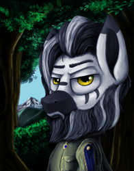 Size: 2200x2800 | Tagged: safe, artist:ryanmandraws, derpibooru import, oc, oc only, oc:çelik varatra, zebra, equestria at war mod, beard, bust, clothes, facial hair, military uniform, moustache, portrait, solo, tree, uniform