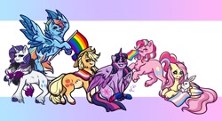 Size: 1794x976 | Tagged: safe, artist:ladysandbox, derpibooru import, angel bunny, applejack, fluttershy, pinkie pie, rainbow dash, rarity, twilight sparkle, twilight sparkle (alicorn), alicorn, pegasus, pony, unicorn, g4, 2024, asexual pride flag, bilight sparkle, bisexual pride flag, clothes, gay pride flag, horn, lesbian pride flag, mane six, pansexual pride flag, pride, pride flag, signature, smiling, socks, striped socks, transgender pride flag