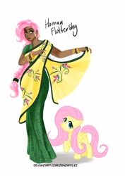 Size: 2893x4092 | Tagged: safe, artist:zsnowfilez, derpibooru import, fluttershy, human, pegasus, pony, g4, alternate hairstyle, clothes, dark skin, dress, female, human ponidox, humanized, indian, mare, moderate dark skin, sari, self paradox, self ponidox, simple background, white background