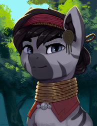 Size: 1631x2100 | Tagged: safe, artist:mrscroup, derpibooru import, oc, oc only, oc:mutya, zebra, equestria at war mod, bust, clothes, gold, headband, jewelry, necklace, portrait, solo, tree, zebra oc