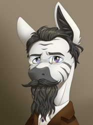 Size: 2000x2692 | Tagged: safe, artist:twotail813, derpibooru import, oc, oc only, oc:zenut zaranzid, zebra, equestria at war mod, beard, bust, clothes, ear fluff, ears, facial hair, glasses, moustache, portrait, solo, zebra oc