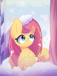 Size: 1950x2600 | Tagged: safe, artist:miryelis, derpibooru import, fluttershy, pegasus, pony, g4, bath, bubble, cute, female, foam, long hair, mare, shyabetes, sitting, smiling, solo, sparkles