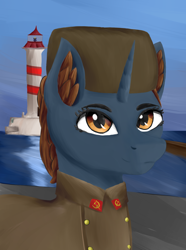 Size: 1248x1680 | Tagged: safe, artist:aquamuro, derpibooru import, oc, oc only, oc:winter turnip, pony, unicorn, equestria at war mod, bust, clothes, ear fluff, ears, hat, horn, lighthouse, ocean, portrait, solo, water