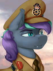 Size: 1560x2100 | Tagged: safe, artist:kelkessel, derpibooru import, oc, oc only, oc:grand wingsword, pony, equestria at war mod, bust, cap, clothes, fangs, hat, military uniform, necktie, portrait, solo, sun, uniform