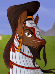 Size: 520x700 | Tagged: safe, artist:bunnyshrubby, derpibooru import, oc, oc only, oc:tahmasp, horse, saddle arabian, equestria at war mod, armor, bust, facial hair, male, moustache, portrait, scar, solo, stallion