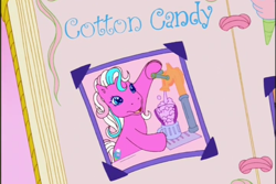 Size: 720x480 | Tagged: safe, derpibooru import, screencap, cotton candy (g3), earth pony, pony, a charming birthday, g3, birthday book, faucet, female, mare, open mouth, open smile, picture, ponyville surprise birthday book, scrapbook, smiling, soda, soda jerk, solo, table, text